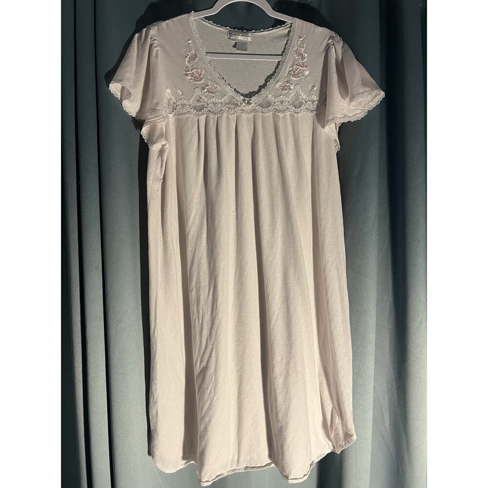Vintage Miss Elaine Summer Nightgown Split Cap Sleeve Short Length Pink White L